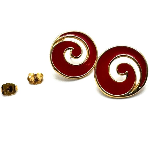 Monet Red Enamel Swirl Design Stud Pierced Earrings Gold-Tone Metal Vtg 1980s - Picture 1 of 6